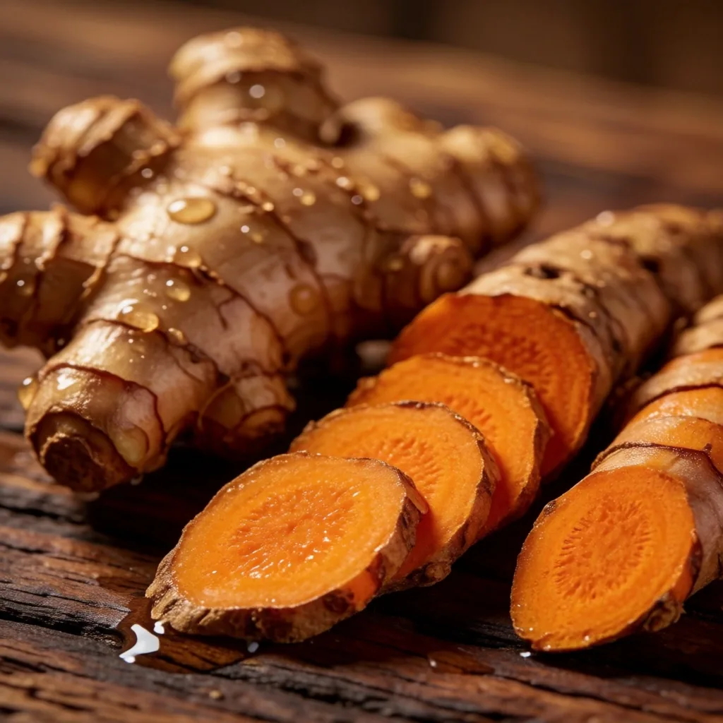 Fresh galangal root and turmeric on teak wood
