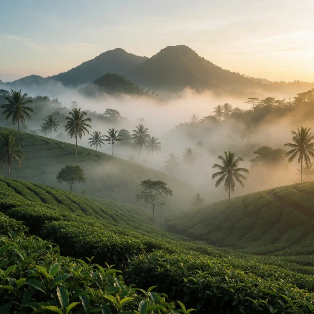 Misted Indonesian highland plantation at dawn