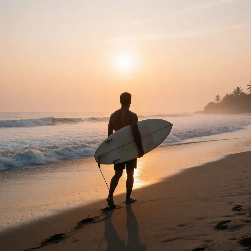 Morning surfer walking on Kuta Beach, Bali