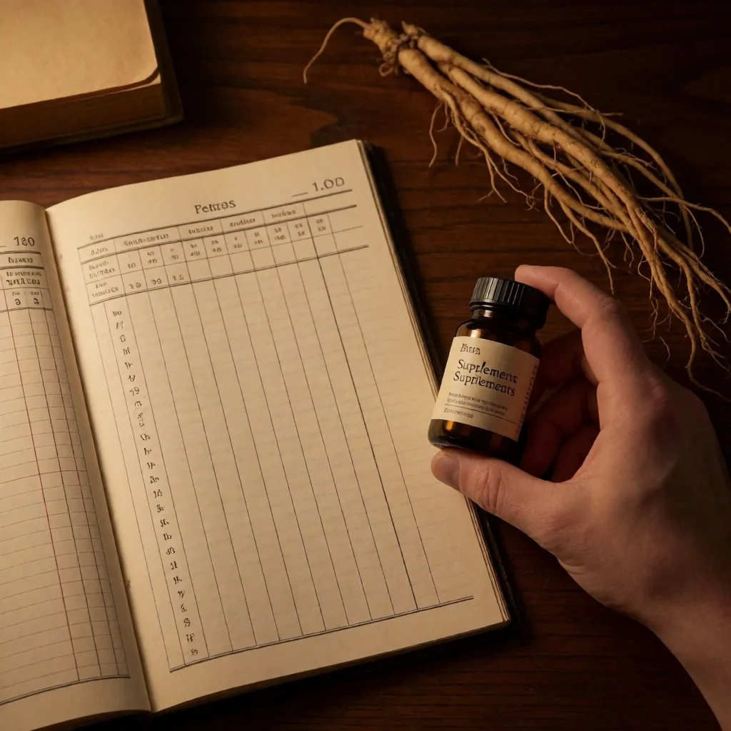 A supplement bottle beside a ledger page on a dark wood desk