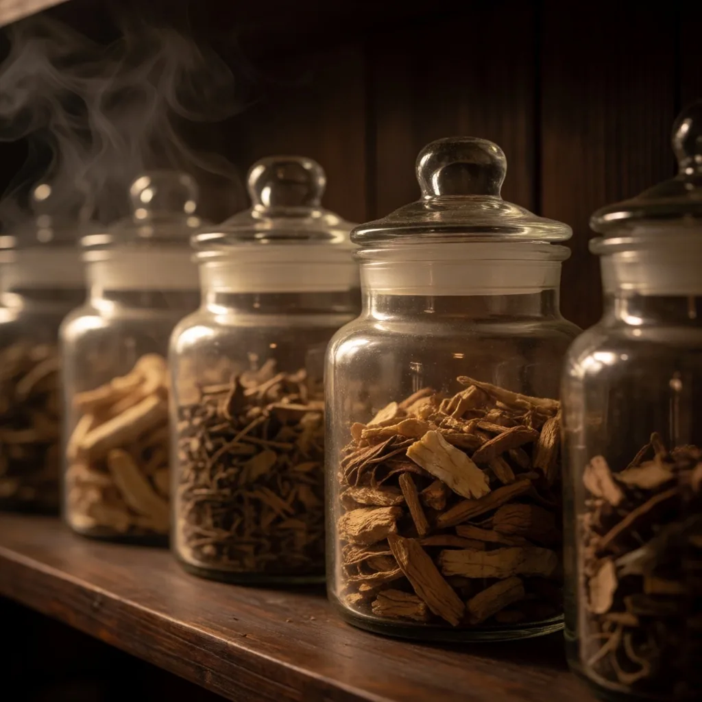 Botanical jars on a wooden shelf in warm low light