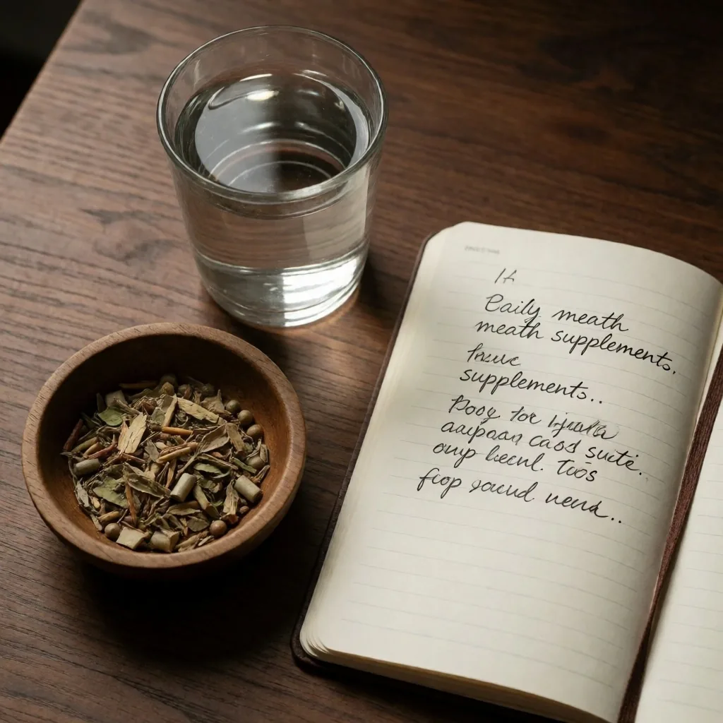 Glass vial of herbal capsules on a paper ledger