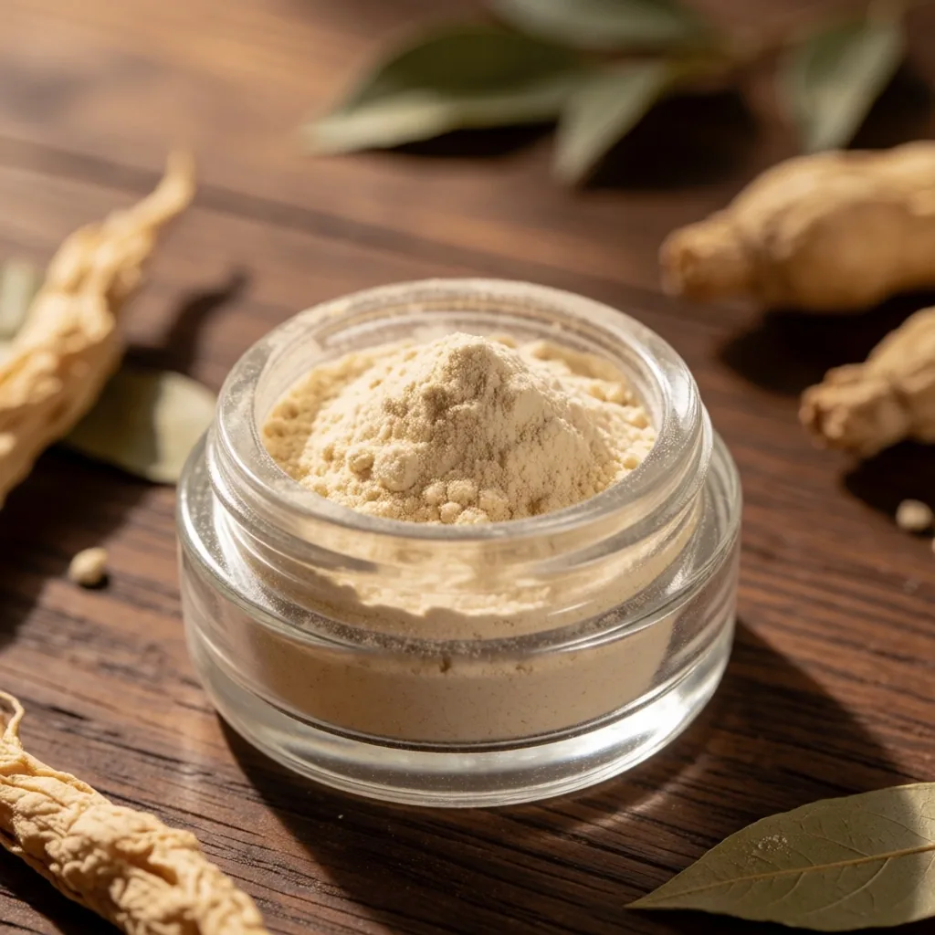 Maca root powder in a glass jar