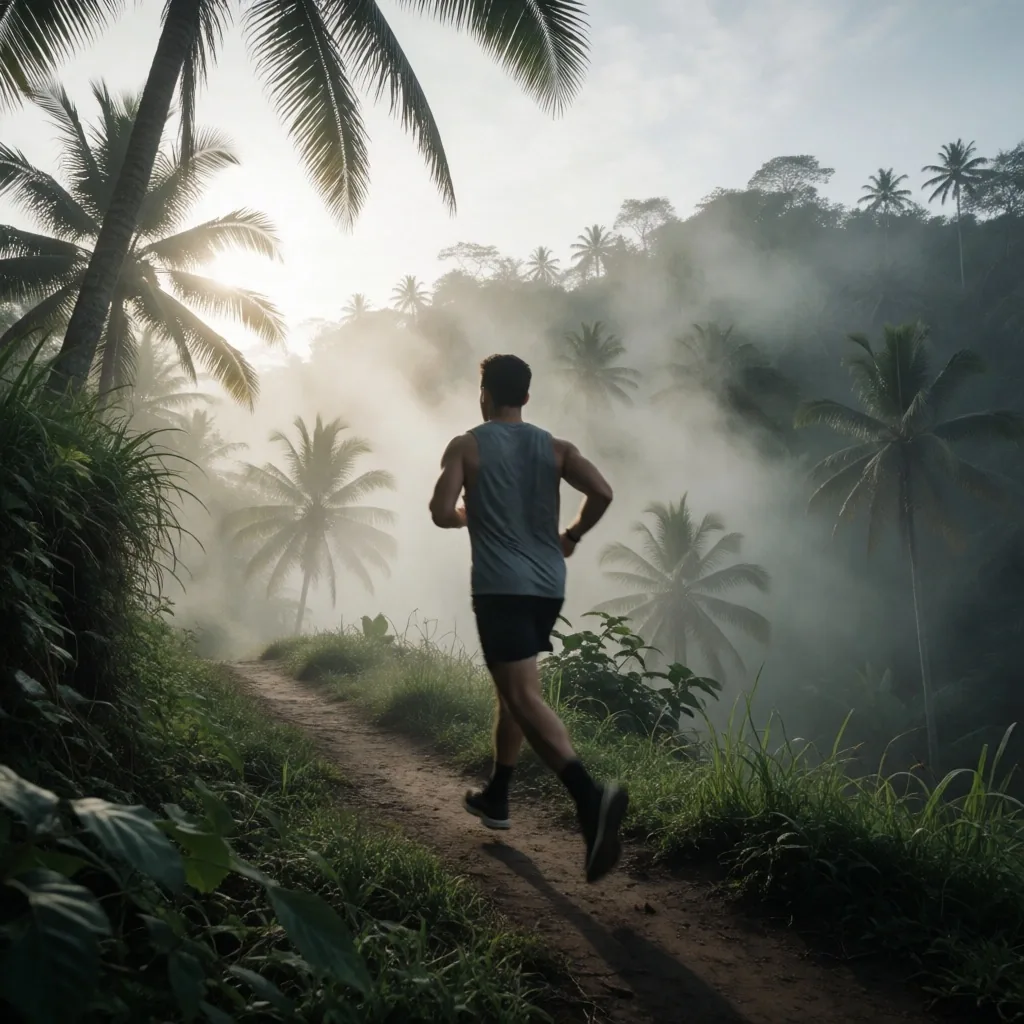Runner on a misted tropical mountain trail