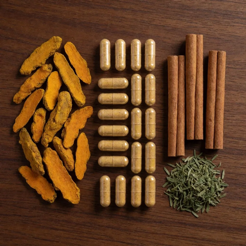 Botanical supplement capsules and dried herbs arranged on a wooden table