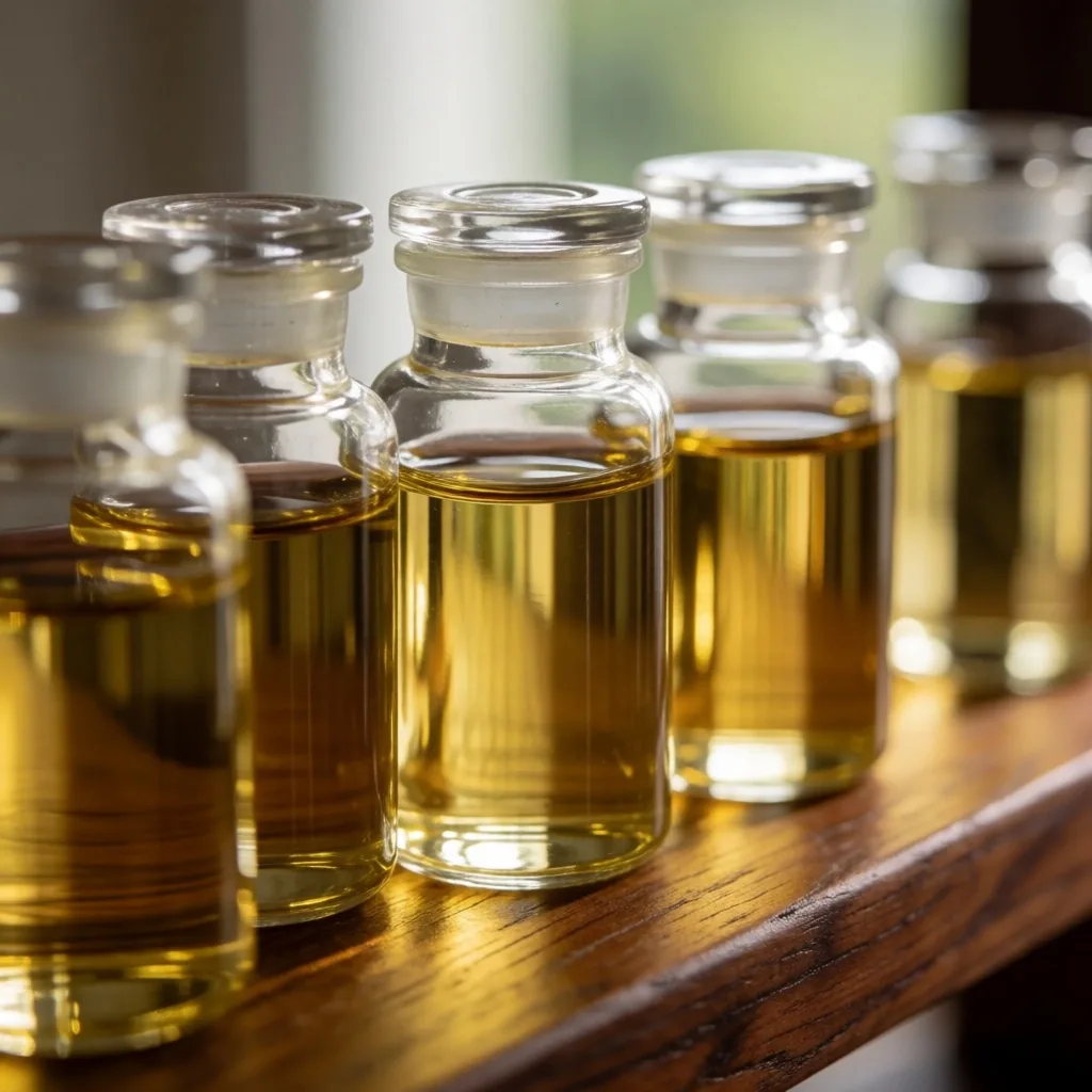 Clear glass vials of botanical extracts on dark teak shelf