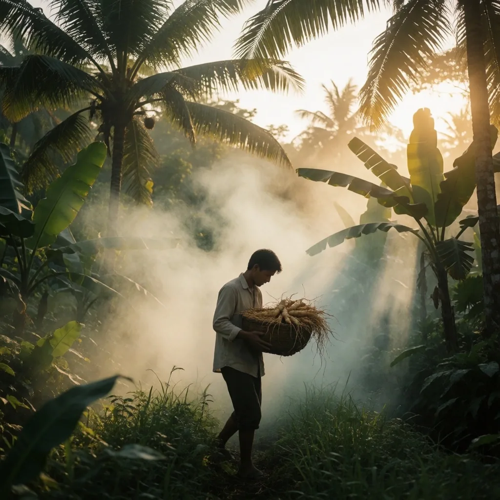 Low-sun plantation scene in Bali with mist filtering through canopy