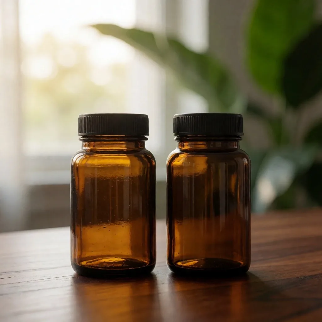Botanical supplement containers on dark teak surface