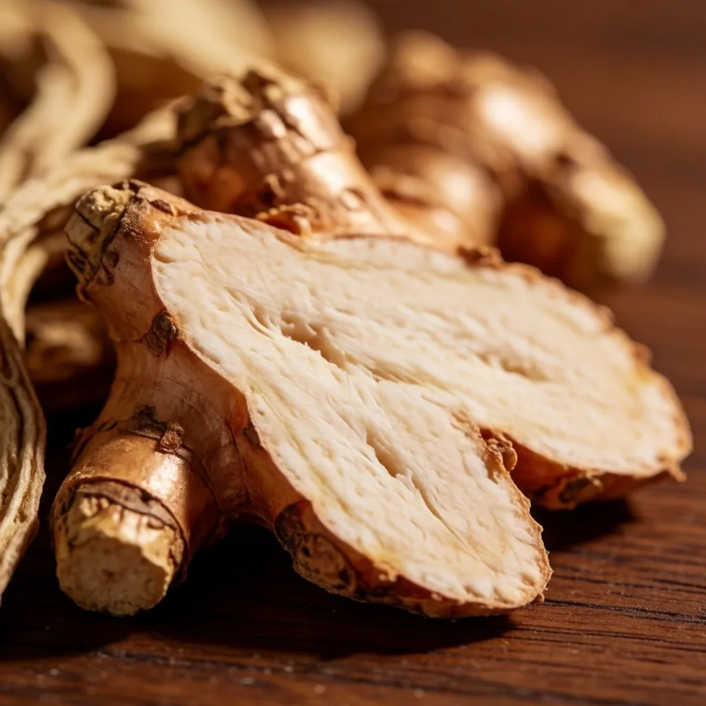 Dried botanical roots and galangal on dark wood