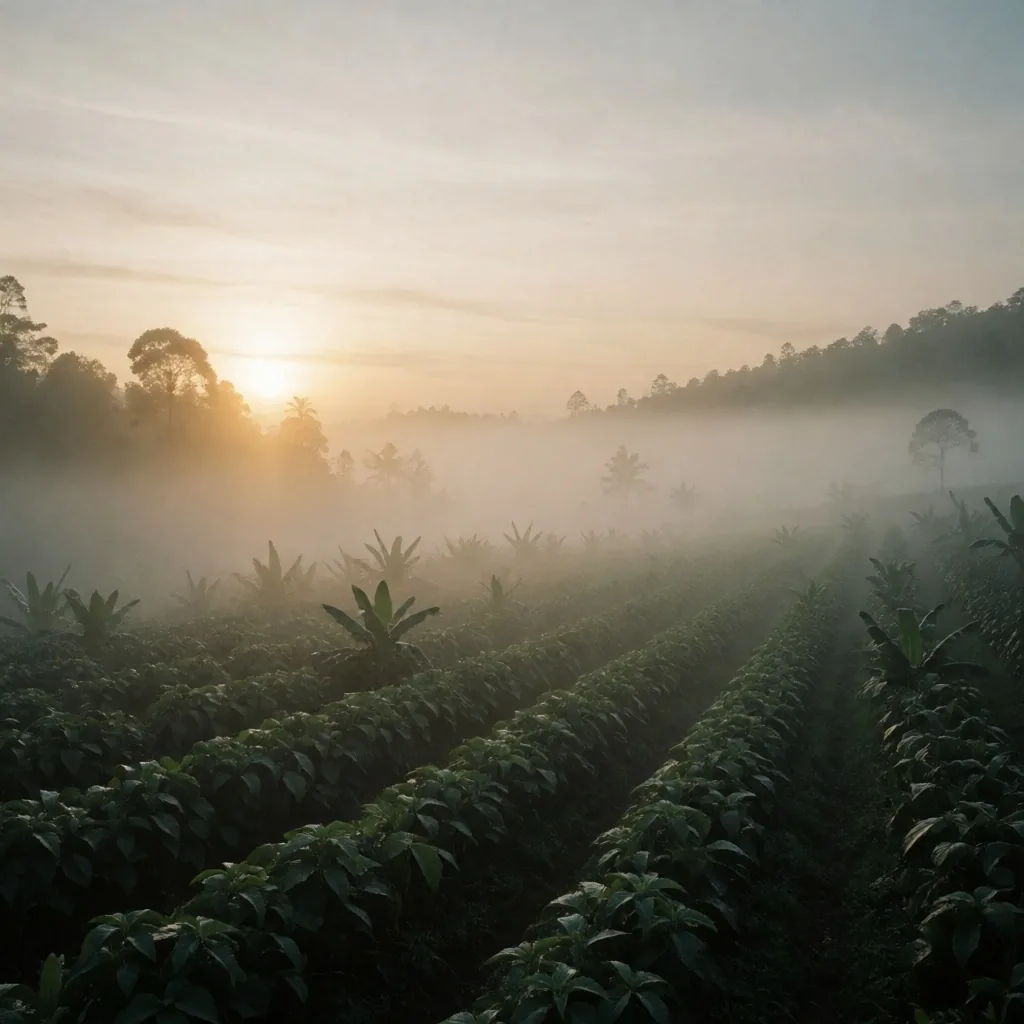 Misted Indonesian highland plantation