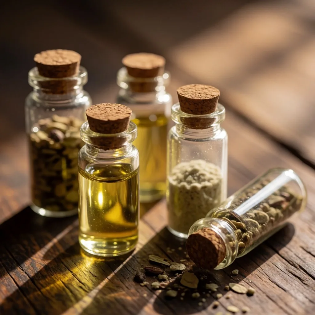 Natural supplement ingredients in glass vials on a wood surface