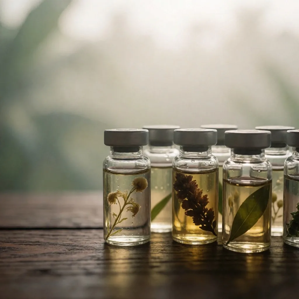 Botanical extract vials on dark wood