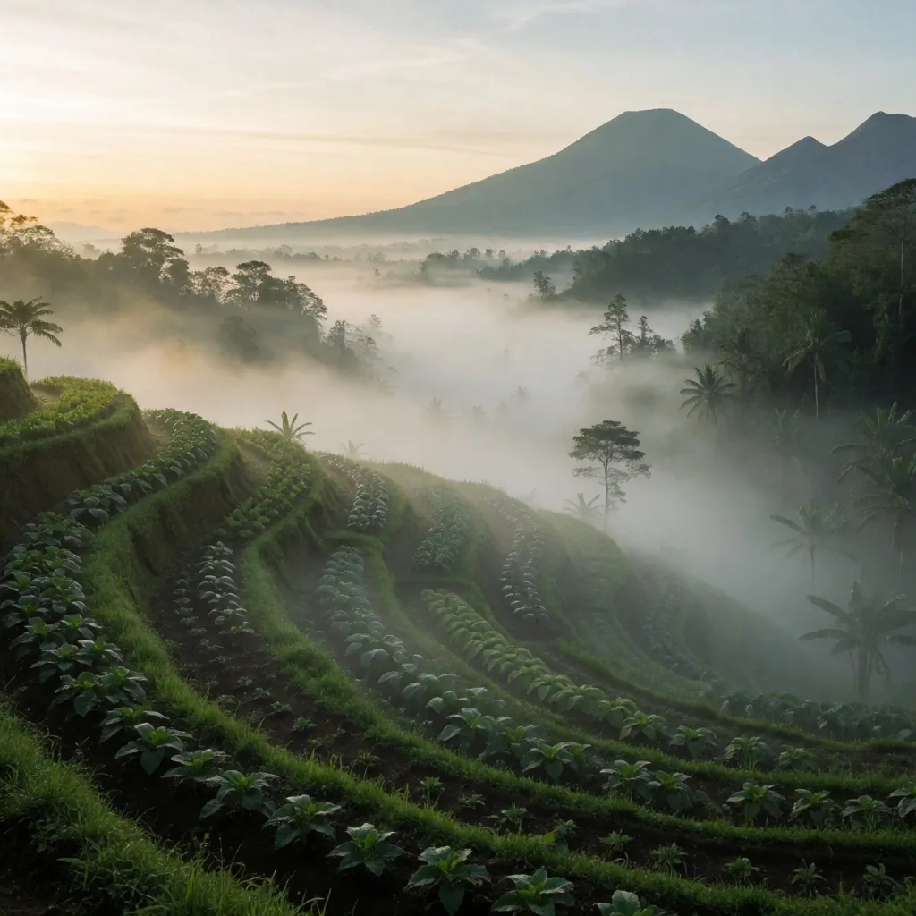 Misted highland plantation at dawn